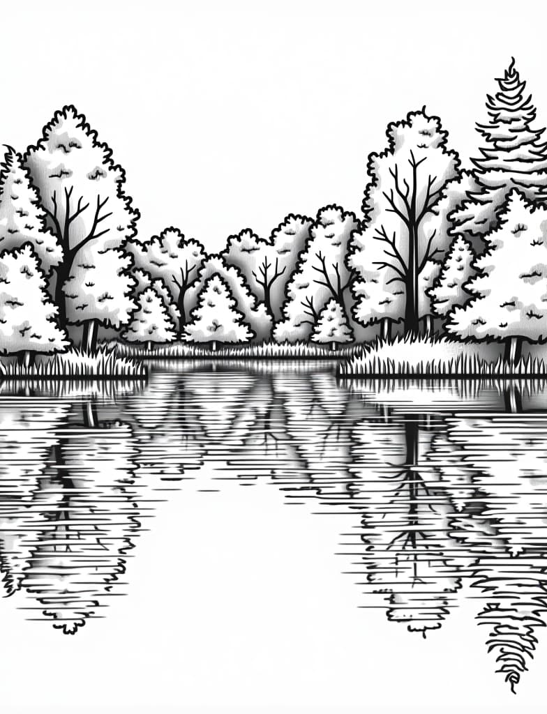  a peaceful lake with trees reflecting fall colors, black and white line art on a white background, for an adult coloring page.