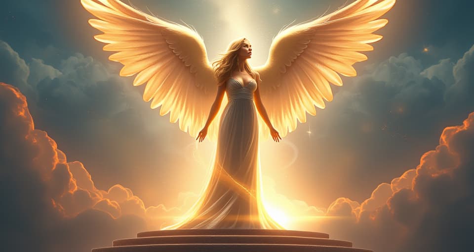  ethereal angel with glowing wings, standing on a celestial platform. her presence radiant and commanding, magical energies swirling around her, atmosphere of expanding influence.. the style is digital art illustration,highly detailed, whimsical,magical, dreamlike atmosphere, realism and fantasy blend, smooth, glossy textures,luminous quality, wonder and enchantment.