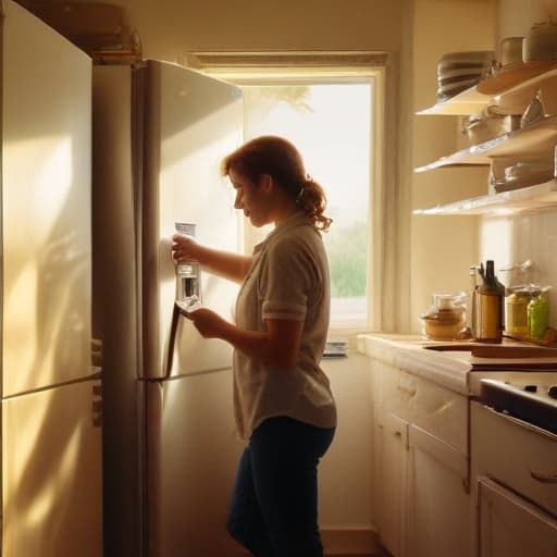 A photo of a skilled technician repairing a malfunctioning refrigerator in a cozy kitchen during the late afternoon, with warm sunlight streaming through the window and casting soft, golden hues over the scene.