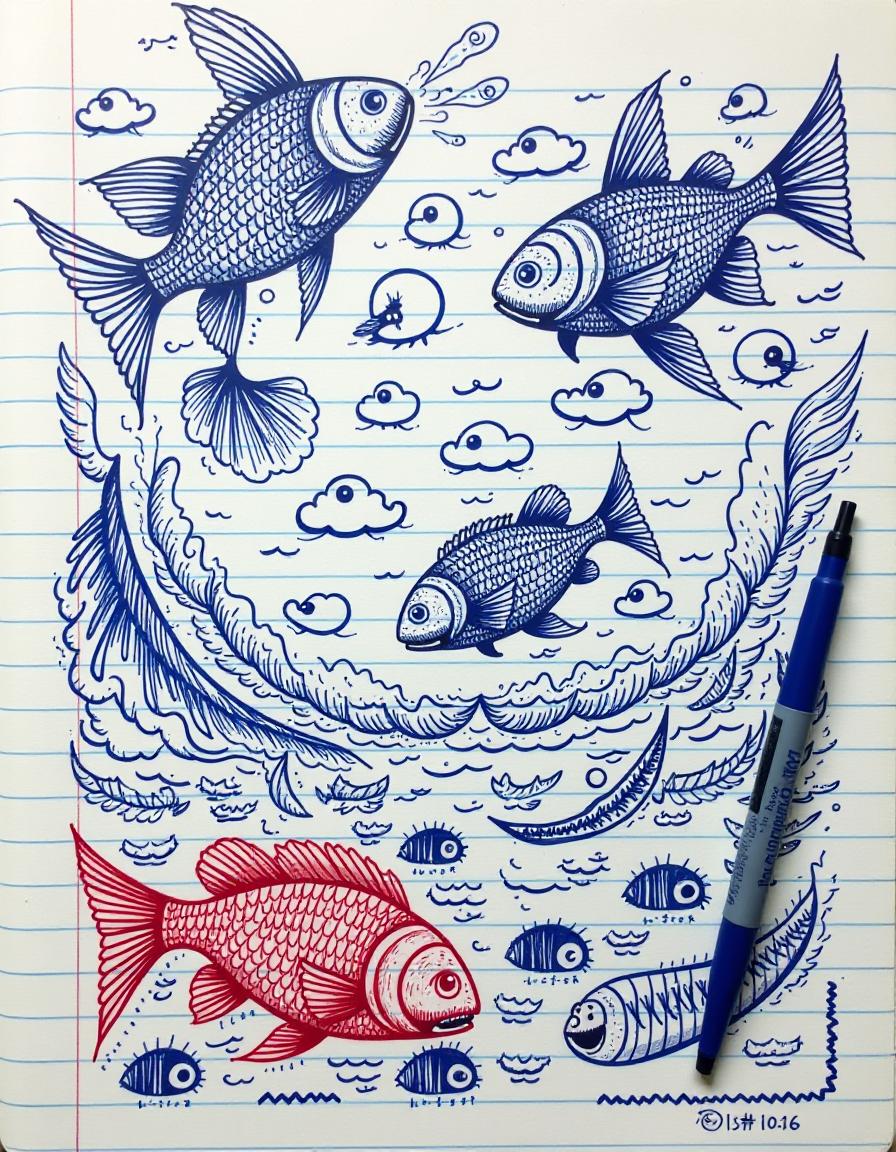  (masterpiece, high resolution, hand drawn ilration:1.3), surreal collage, (blue ballpoint pen:1.2), whimsical doodles, (red mullet:1.4) in the lower left corner, vint scales, intricate fin details, (running sackariks:1.3) in the upper right corner, dynamic movement, exaggerated features, (zyuzyulya:1.2) in the center, and abstract form, blending into the surreal scene, drawing on a notebook, lined paper texture, (monochromatic art:1.1), deep blues and rich blacks, dreamlike atmosphere, flowing lines, imaginative composition, filled with quirky charm, energy.