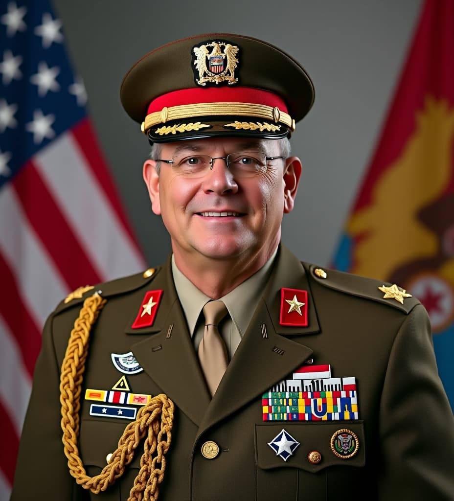  a picture of minnesota governor tim walz wearing the united states army military outfit of a five star general.