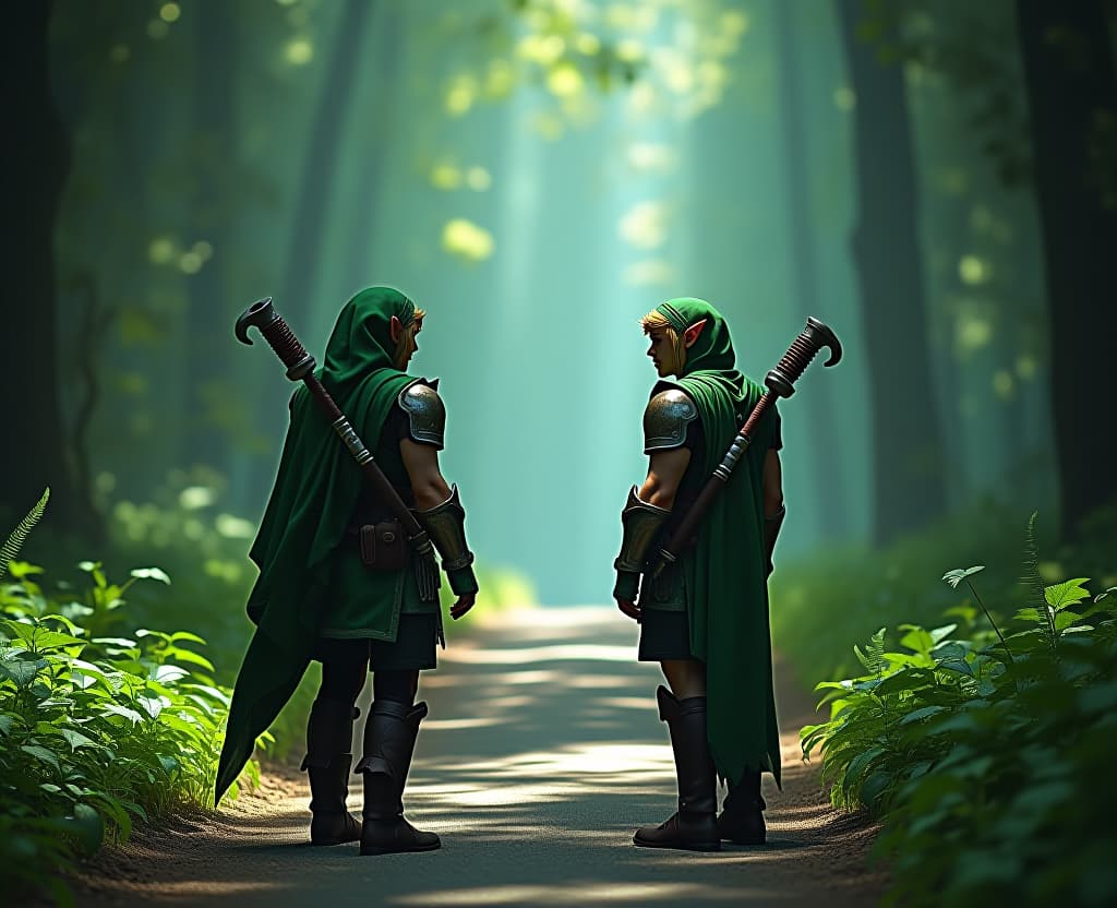  legend of zelda style the stage of the agro film, the elfishes are identical characters of the warcraft game, dressed in the lekg armor of green clothes as ray's star warrior with bulbs behind his back, arguing about something on the ancient road, the back plan of the mele jungle . vibrant, fantasy, detailed, epic, heroic, reminiscent of the legend of zelda series hyperrealistic, full body, detailed clothing, highly detailed, cinematic lighting, stunningly beautiful, intricate, sharp focus, f/1. 8, 85mm, (centered image composition), (professionally color graded), ((bright soft diffused light)), volumetric fog, trending on instagram, trending on tumblr, HDR 4K, 8K