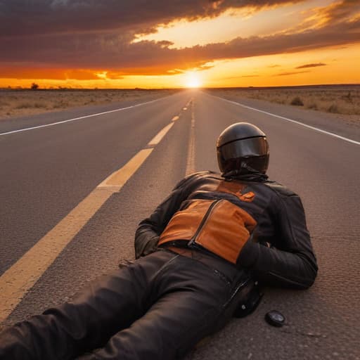 Imagine a scene on a long, empty road stretching into the distance. On this road, there's a biker lying down beside their motorcycle, looking visibly frustrated and lost in thought. The biker's expression conveys mental exhaustion and anger, perhaps with a backdrop of a sunset casting a warm, orange glow over the scene