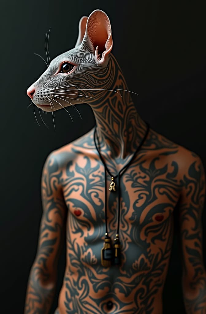  tatuagem de rato hyperrealistic, full body, detailed clothing, highly detailed, cinematic lighting, stunningly beautiful, intricate, sharp focus, f/1. 8, 85mm, (centered image composition), (professionally color graded), ((bright soft diffused light)), volumetric fog, trending on instagram, trending on tumblr, HDR 4K, 8K