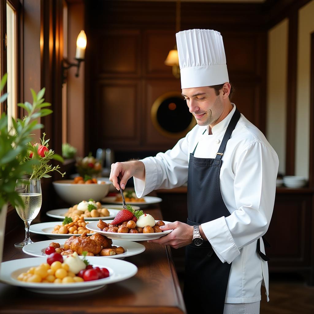  photo, buffet with chef in 19th century estate {prompt}, maximum details