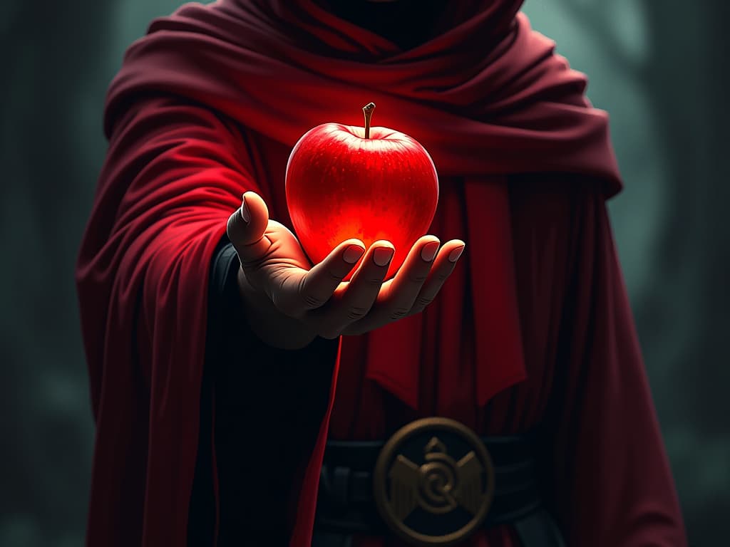  outstretched hand in red robe, offering a gleaming apple, aura of temptation. the style is digital art illustration / modern comic book / graphic dark novel fantasy and mysterious occult, symbolic, moody lighting, esoteric vibe,high detail on character design. for the color scheme emphasize blacks and reds.