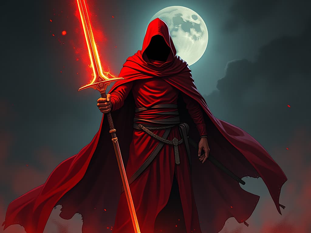  red clad figure forging a glowing sword, symbol of fortifying spirit against evil. the style is digital art illustration / modern comic book / graphic dark novel fantasy and mysterious occult, symbolic, moody lighting, esoteric vibe,high detail on character design. for the color scheme emphasize blacks and reds.