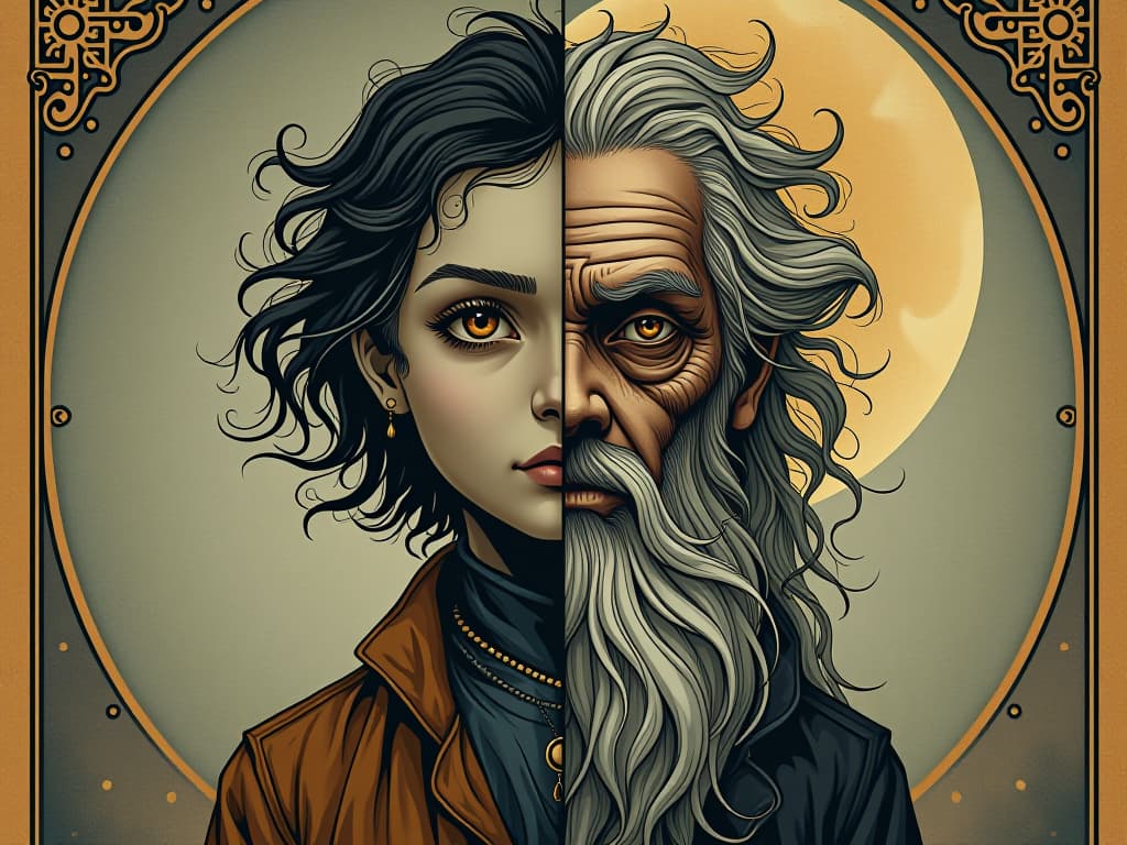  a person with half of their body youthful and half aged, navigating between vitality and wisdom, dual existence, contrasting textures. an illustration in the style of a worn, mystical old tarot trump card, mysterious and elements of surrealism. the colors are muted, somber and eerie, but with contrast bring out an occult and esoteric vibe.