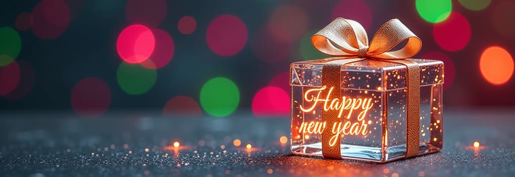  transparent glass christmas gift with glass bow, golden glowing text “happy new year”, festive rainbow bokeh background ar 3:1 {prompt}, maximum details