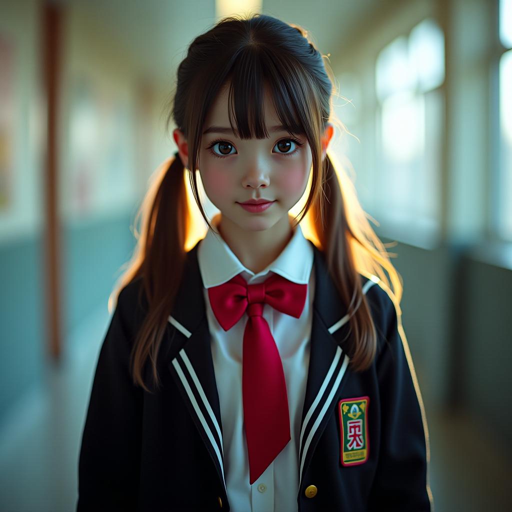  high school student, bully girl, school uniform, cuteness hyperrealistic, full body, detailed clothing, highly detailed, cinematic lighting, stunningly beautiful, intricate, sharp focus, f/1. 8, 85mm, (centered image composition), (professionally color graded), ((bright soft diffused light)), volumetric fog, trending on instagram, trending on tumblr, HDR 4K, 8K