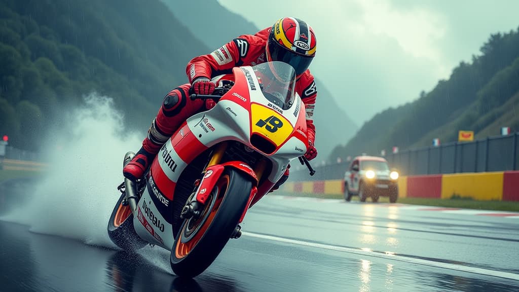  prompt: create a visually stunning image capturing marc marquez's unexpected victory in misano, paying tribute to the gresini team. show marquez racing under dramatic rainy skies, skillfully navigating the track. include the special retro design of the gresini team, honoring founder fausto gresini. depict the vibrant colors of both marquez's racing suit and the team's iconic livery, while showcasing the intensity and determination in marquez's eyes. incorporate logos of marc marquez, gresini tea