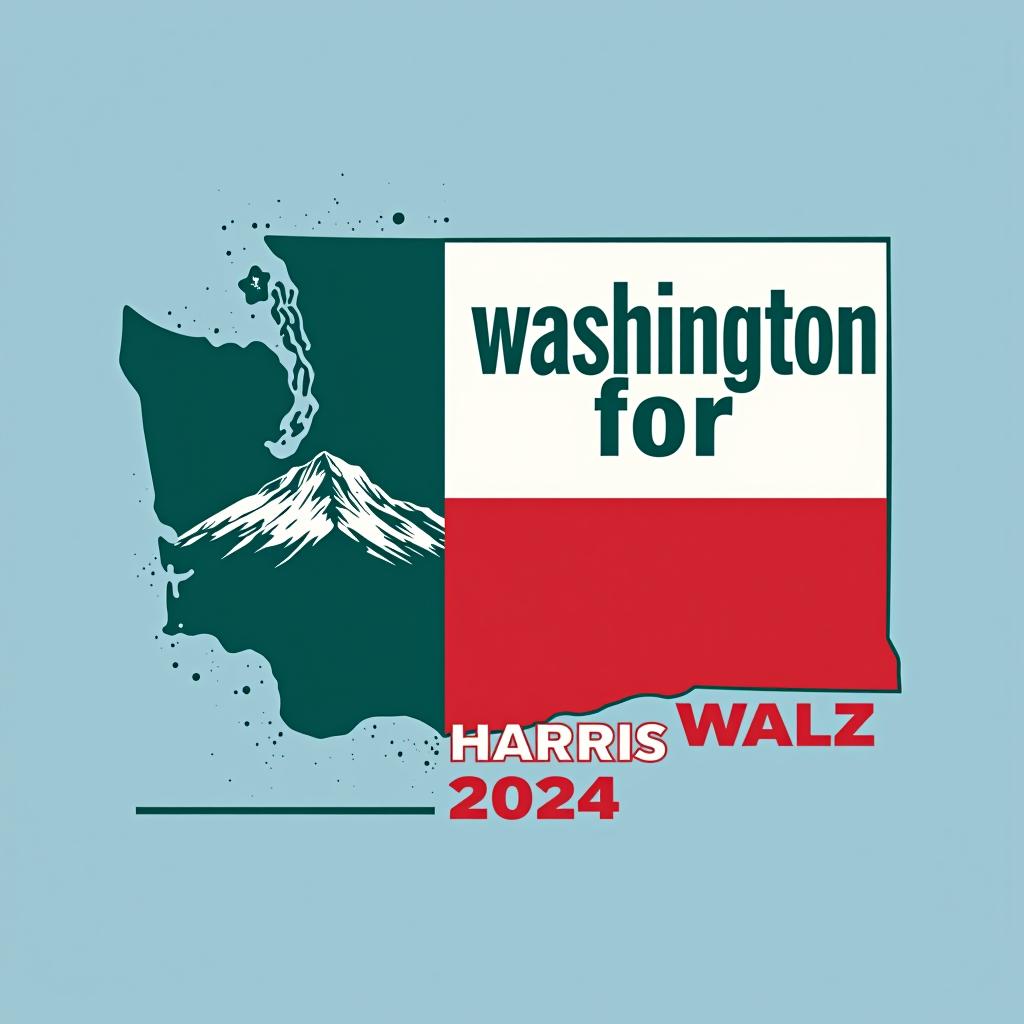  a tshirt design inspired by the washington state flag. the left side features a green vertical stripe with a large mountain in the center. the right side is divided into two horizontal sections: the top section is white with the text 'washington for' in bold, green, uppercase letters, and the bottom section is red with the text 'harris walz 2024' in bold, white, uppercase letters. the overall layout is clean and straightforward, with a clear and patriotic color scheme of blue, white, and red.