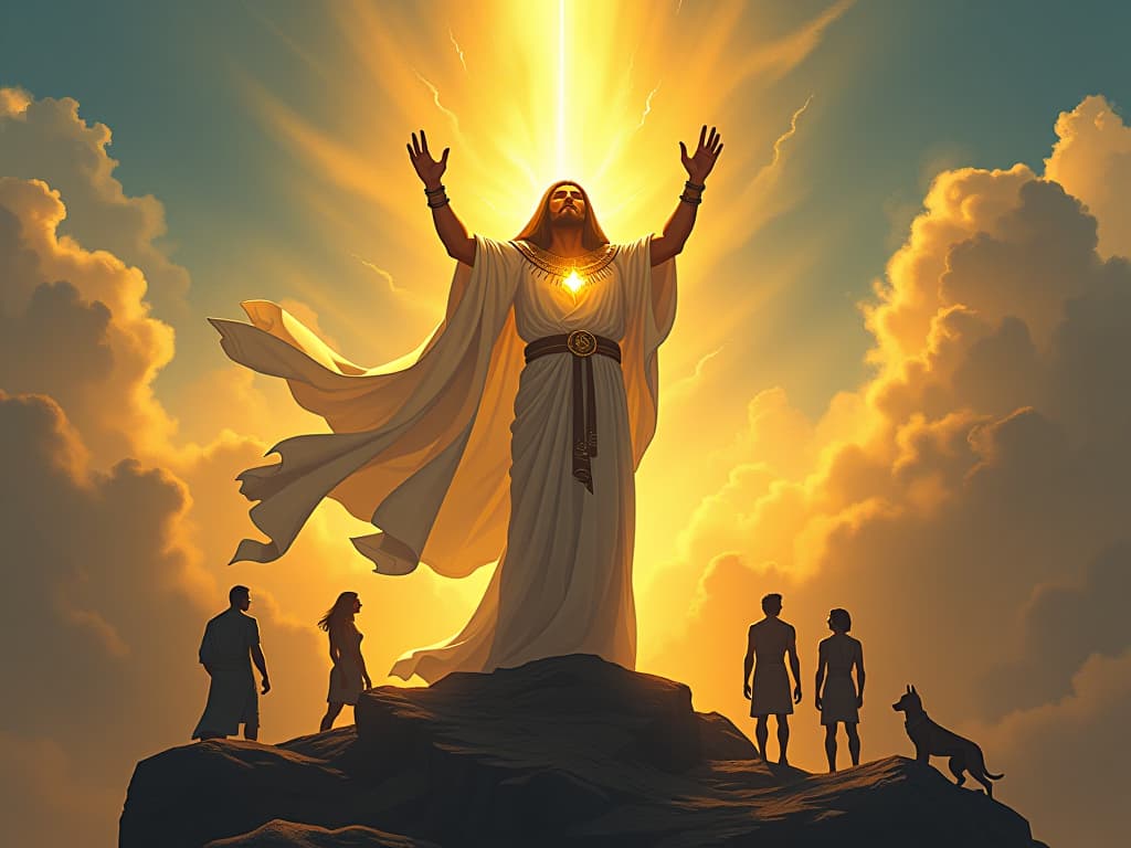  a radiant figure cloaked in white linen, standing atop a mountain, arms raised towards the sky, golden light emanating from their heart, surrounded by followers gazing upwards, proof of divine impact.. the style is digital art illustration / modern comic book / mysterious occult, symbolic, esoteric vibe,high detail on character design, incorporating ancient egyptian symbology and attire.