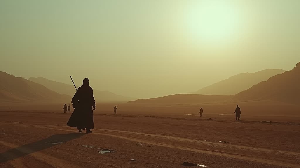  , a desolating landscape under midianite rule, showing the devastation of the land and its people. hyperrealistic, full body, detailed clothing, highly detailed, cinematic lighting, stunningly beautiful, intricate, sharp focus, f/1. 8, 85mm, (centered image composition), (professionally color graded), ((bright soft diffused light)), volumetric fog, trending on instagram, trending on tumblr, HDR 4K, 8K