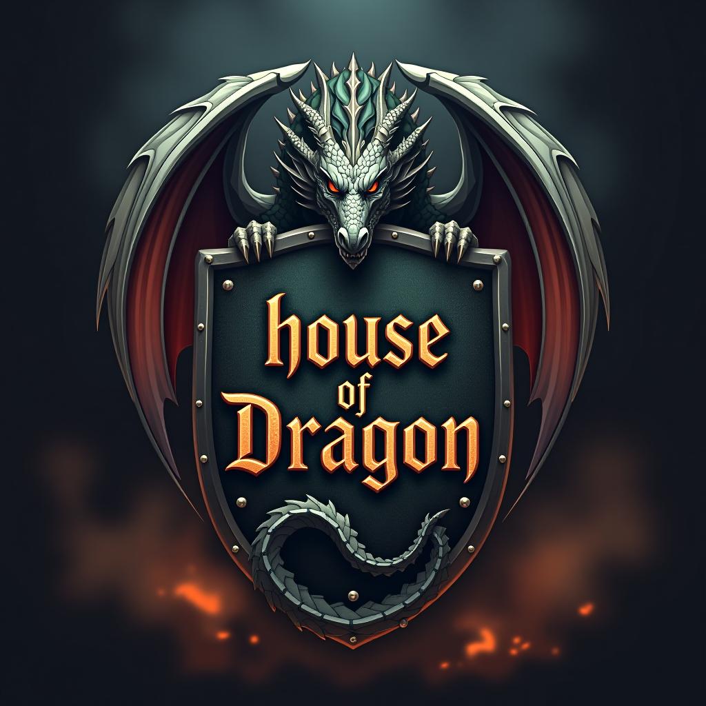  good quality, high quality, realistic anime style logo for the 'house of dragon' group, showcasing a dragon wrapped around a medieval shield. the dragon has intricate scales and wings, with a menacing expression. the shield bears the group name 'house of dragon' in an ancient script. the background is a dark, smoky atmosphere with hints of fire and embers.