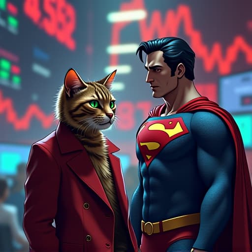  in a bustling cryptocurrency trading room, hemule, the daring tabby cat trader, stands alongside a cartoonish superman. hemule's sharp green eyes scan bullish trading charts as he exudes a rebellious charm. the scene is vibrant and comic book like, capturing hemule's edgy vibe against a backdrop of financial market frenzy. hyperrealistic, full body, detailed clothing, highly detailed, cinematic lighting, stunningly beautiful, intricate, sharp focus, f/1. 8, 85mm, (centered image composition), (professionally color graded), ((bright soft diffused light)), volumetric fog, trending on instagram, trending on tumblr, HDR 4K, 8K