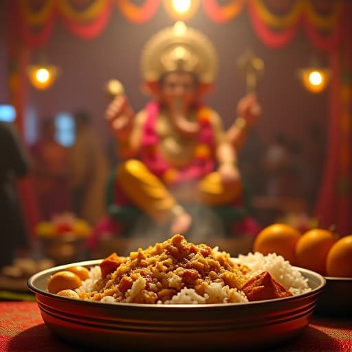  a poster with the text "aaicha dabba tiffin service". there is a steaming hot meal with rice, curry, and other indian dishes in the tiffin. the background is a traditional ganesh chaturthi festival setting, with a large statue of lord ganesh decorated with flowers and lights. there are also coconuts and bananas placed at the base of the statue. hyperrealistic, full body, detailed clothing, highly detailed, cinematic lighting, stunningly beautiful, intricate, sharp focus, f/1. 8, 85mm, (centered image composition), (professionally color graded), ((bright soft diffused light)), volumetric fog, trending on instagram, trending on tumblr, HDR 4K, 8K