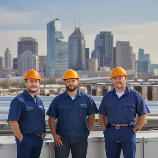 team of ten hvac technicians on a project with City background