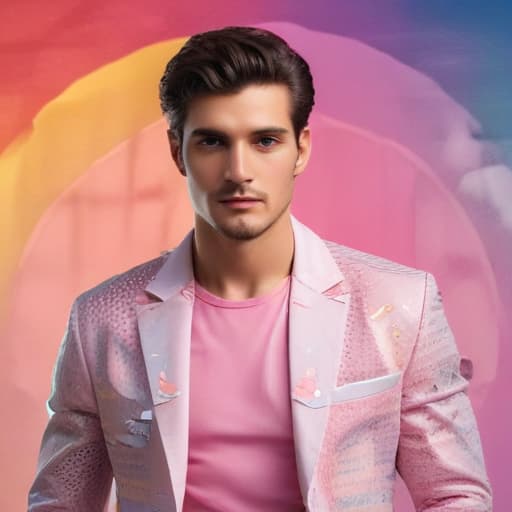 Handsome young man in rainbow sport coat mesh pink t-shirt, magazine collage, 2d, digital art, artstation, paper collage, dynamic, high quality