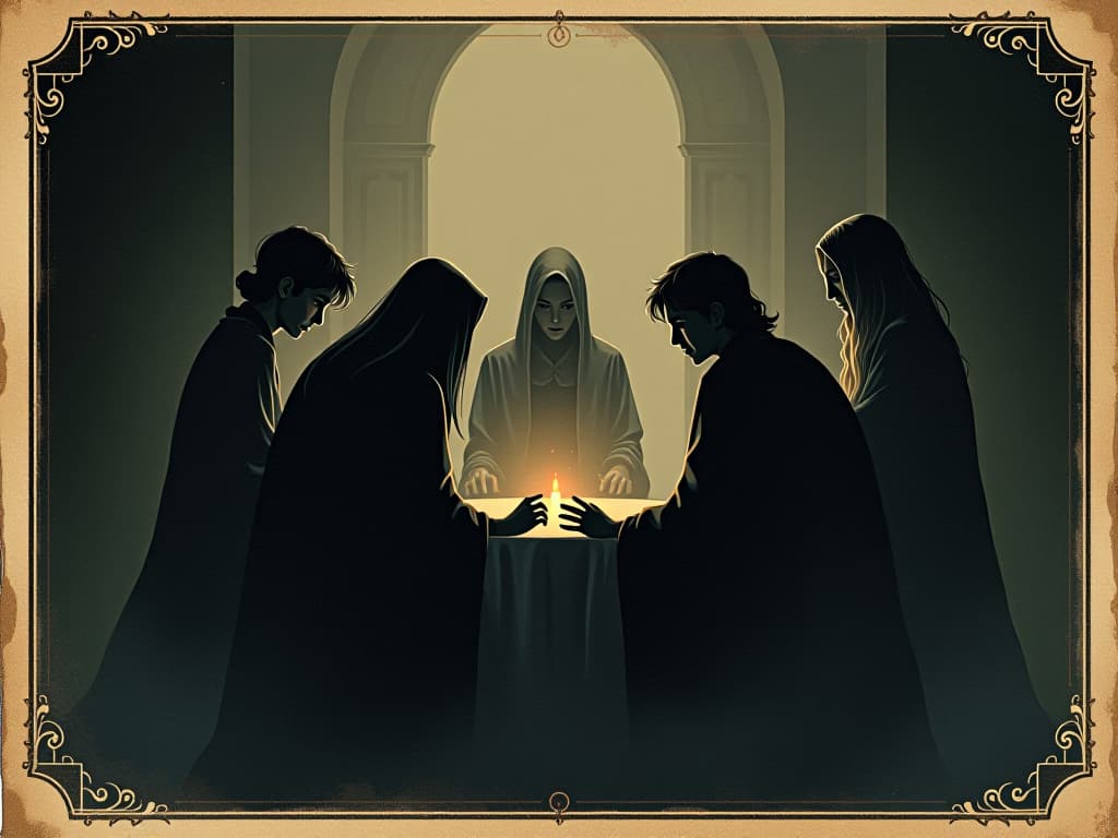  group of people, close together, dark and hazy room, connected by invisible bonds, feeling of unity, relief. an illustration in the style of a worn, mystical old tarot trump card, mysterious and elements of surrealism. the colors are muted, somber and eerie, but with contrast bring out an occult and esoteric vibe.