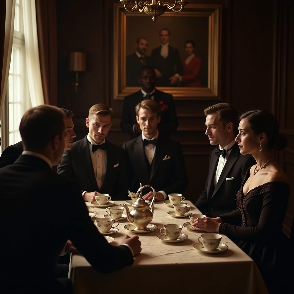  photo, russian tea ceremony, 10 men and women in evening suits, in a 19th century estate, the tea ceremony is led by an actress dressed as a decanter, in subdued lighting {prompt}, maximum details