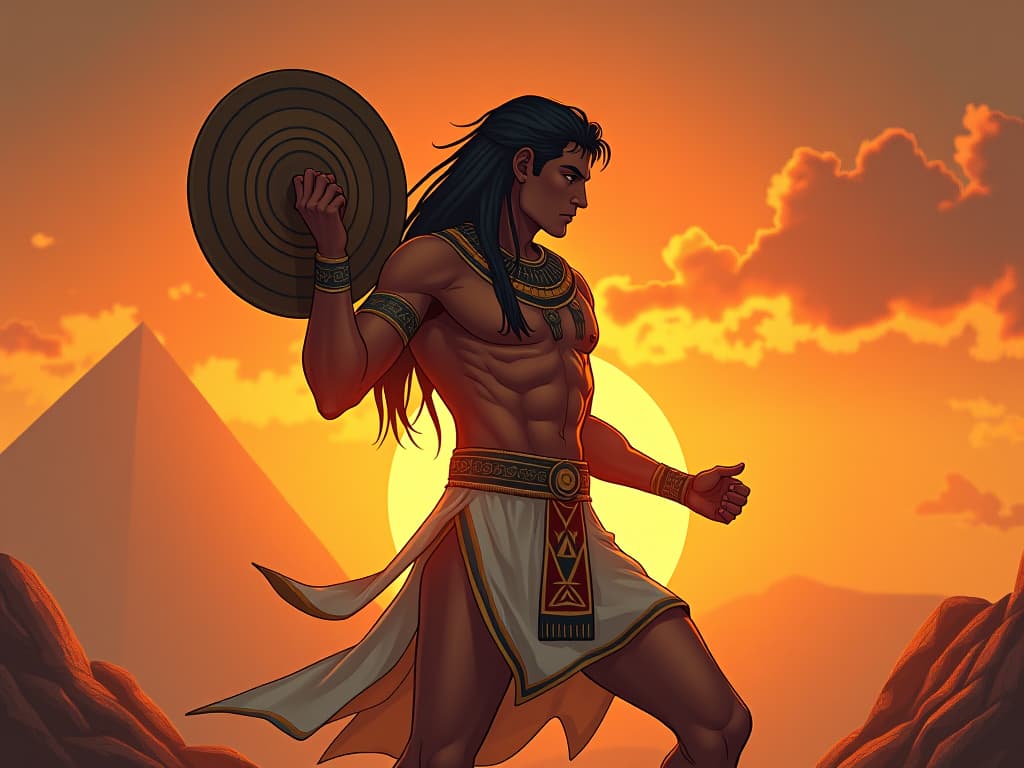  young man in ancient egyptian sportswear, holding a discus, muscles tensed in action, sunset casting long shadows, unexpected excellence, aura of innate skill. the style is digital art illustration / modern comic book / mysterious occult, symbolic, esoteric vibe,high detail on character design, incorporating ancient egyptian symbology and attire.