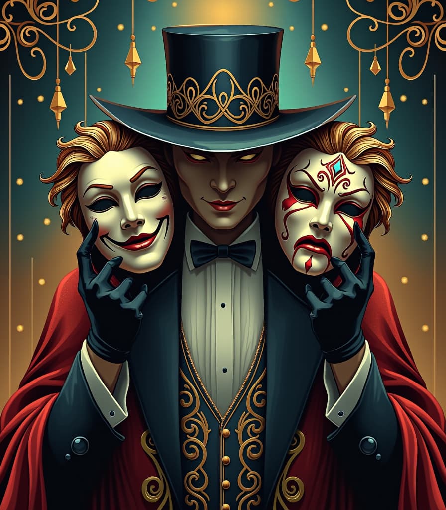  art deco style an intriguing and mysterious illustration inspired by the masks of the venetian carnival. a mysterious stranger in a (smiling mask of joy:1.4) holds in one hand (a sad mask of grief:1.5), holding in the other hand (a furious mask of anger:1.4). an image with a bright emotional coloring. the background is a distant space. realistic painting style with a touch of surrealism by salvador dali and hieronymus bosch, bright colors and intricate details, concept art for a fantasy novel or game. . geometric shapes, bold colors, luxurious, elegant, decorative, symmetrical, ornate, detailed hyperrealistic, full body, detailed clothing, highly detailed, cinematic lighting, stunningly beautiful, intricate, sharp focus, f/1. 8, 85mm, (centered image composition), (professionally color graded), ((bright soft diffused light)), volumetric fog, trending on instagram, trending on tumblr, HDR 4K, 8K