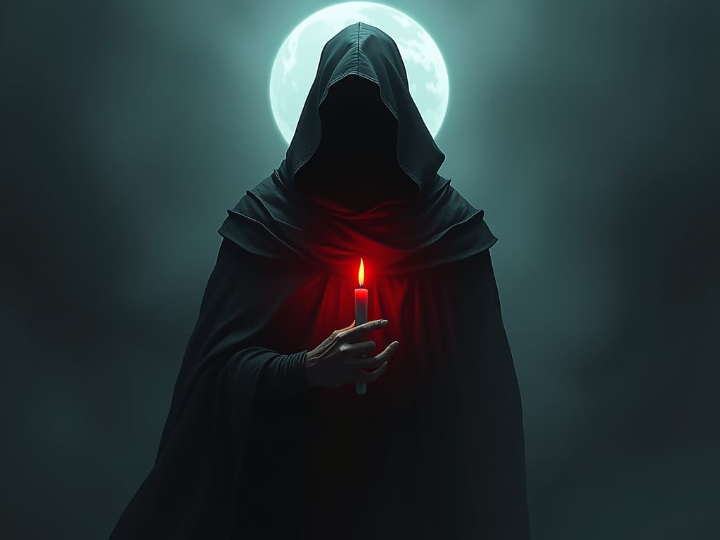  figure shrouded in dark mist, holding a red candle, air of dark energy and foreboding. the style is digital art illustration / modern comic book / graphic dark novel fantasy and mysterious occult, symbolic, moody lighting, esoteric vibe,high detail on character design. for the color scheme emphasize blacks and reds.