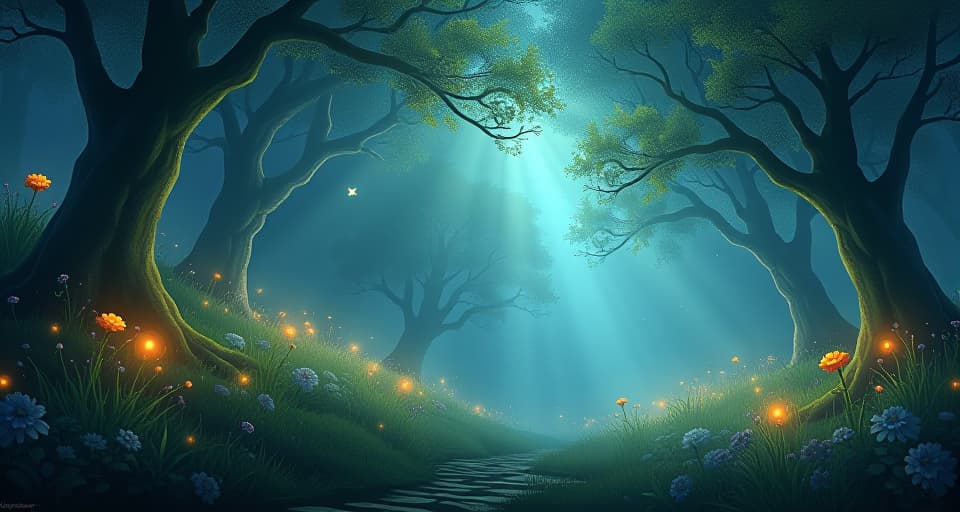  leaves rustling softly, ethereal whispers, twilight setting, luminous flowers, enchanted trees. the style is digital art illustration,highly detailed, whimsical,magical, dreamlike atmosphere, realism and fantasy blend, smooth, glossy textures,luminous quality, wonder and enchantment.