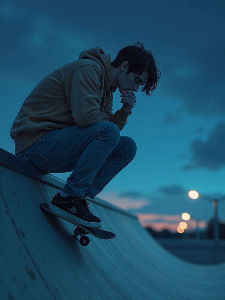  a man riding a skateboard up the side of a ramp, picsart, anime style portrait, late night melancholic photo, the kiss, grainy damaged photo, hand on her chin, stargazer, :: nixri, rough sketch, hsl, sebastian michaelis, insomnia, noisy filter, star ocean hyperrealistic, full body, detailed clothing, highly detailed, cinematic lighting, stunningly beautiful, intricate, sharp focus, f/1. 8, 85mm, (centered image composition), (professionally color graded), ((bright soft diffused light)), volumetric fog, trending on instagram, trending on tumblr, HDR 4K, 8K