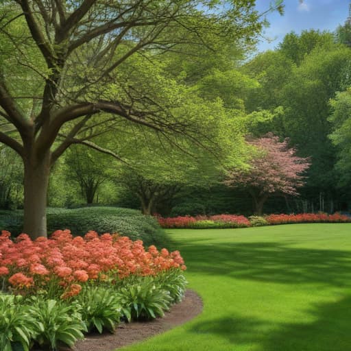 A lush, green garden bursting with vibrant blooms of various sizes and colors. Tall, sturdy trees provide shade and shelter, their branches reaching towards the sky. Nestled among the flowers are small, delicate seedlings just beginning to sprout, symbolizing new growth and potential. The scene conveys a sense of balance and harmony, with each element contributing to the overall beauty and vitality of the landscape.