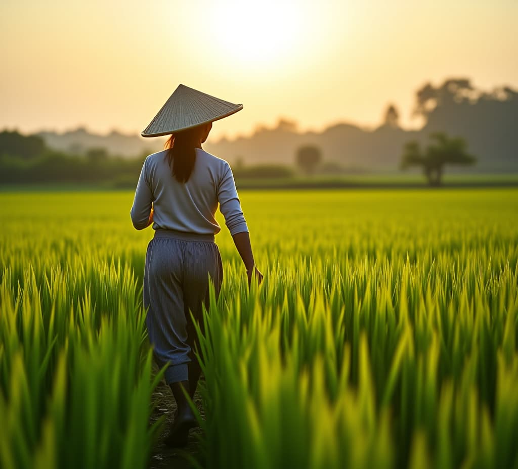  a woman farmer walking in a green rural rice field in the morning