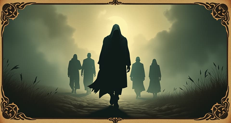  fading silhouettes, behind a determined figure marching forward, blurred background, sense of struggle, resolute, melancholy. an illustration in the style of a worn, mystical old tarot trump card, mysterious and elements of surrealism. the colors are muted, somber and eerie, but with contrast bring out an occult and esoteric vibe.