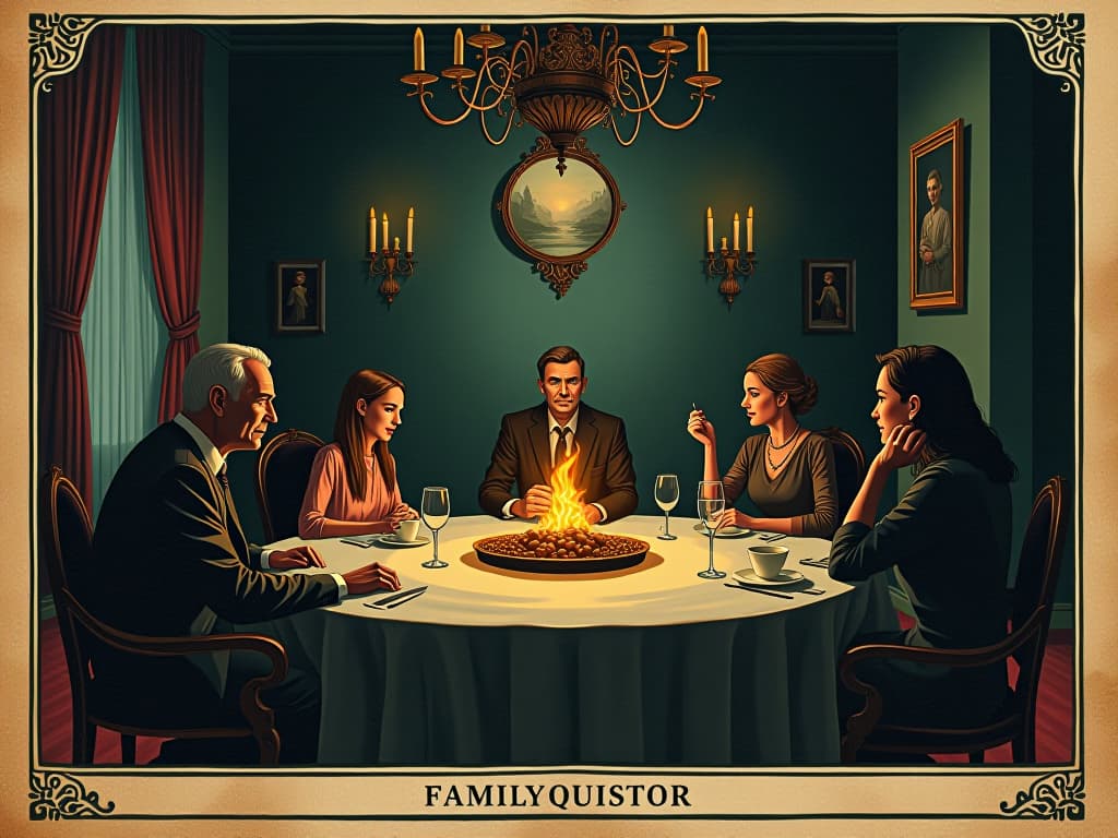  family gathering in an opulent but darkly lit room, subdued natural palette, intricate details, intense, undercurrent of pressure. an illustration in the style of a worn, mystical old tarot trump card, mysterious and elements of surrealism. the colors are muted, somber and eerie, but with contrast bring out an occult and esoteric vibe.