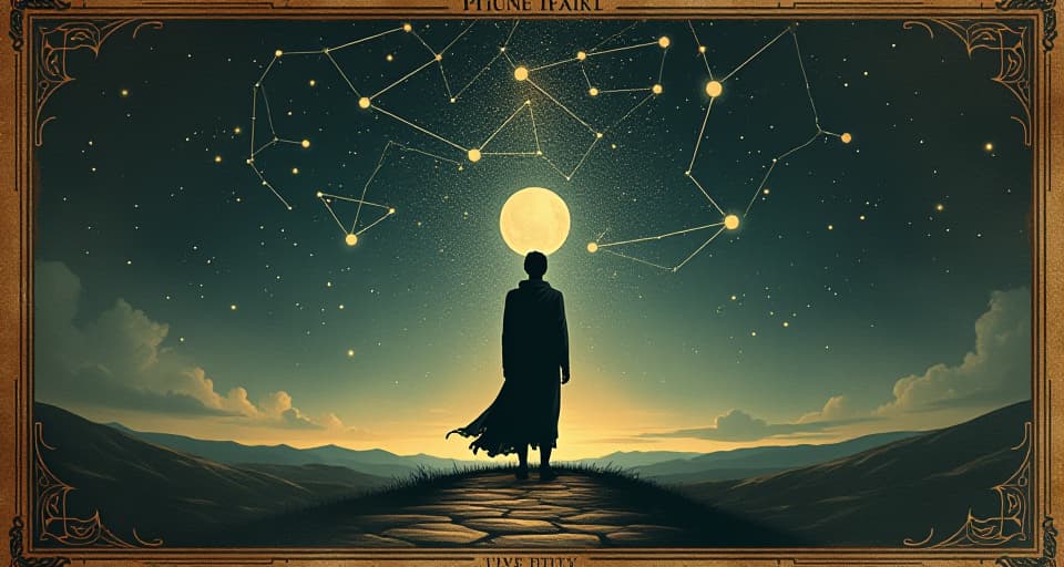  a figure standing on a celestial path, constellations forming a trail ahead, feeling of destiny and cosmic alignment. an illustration in the style of a worn, mystical old tarot trump card, mysterious and elements of surrealism. the colors are muted, somber and eerie, but with contrast bring out an occult and esoteric vibe.