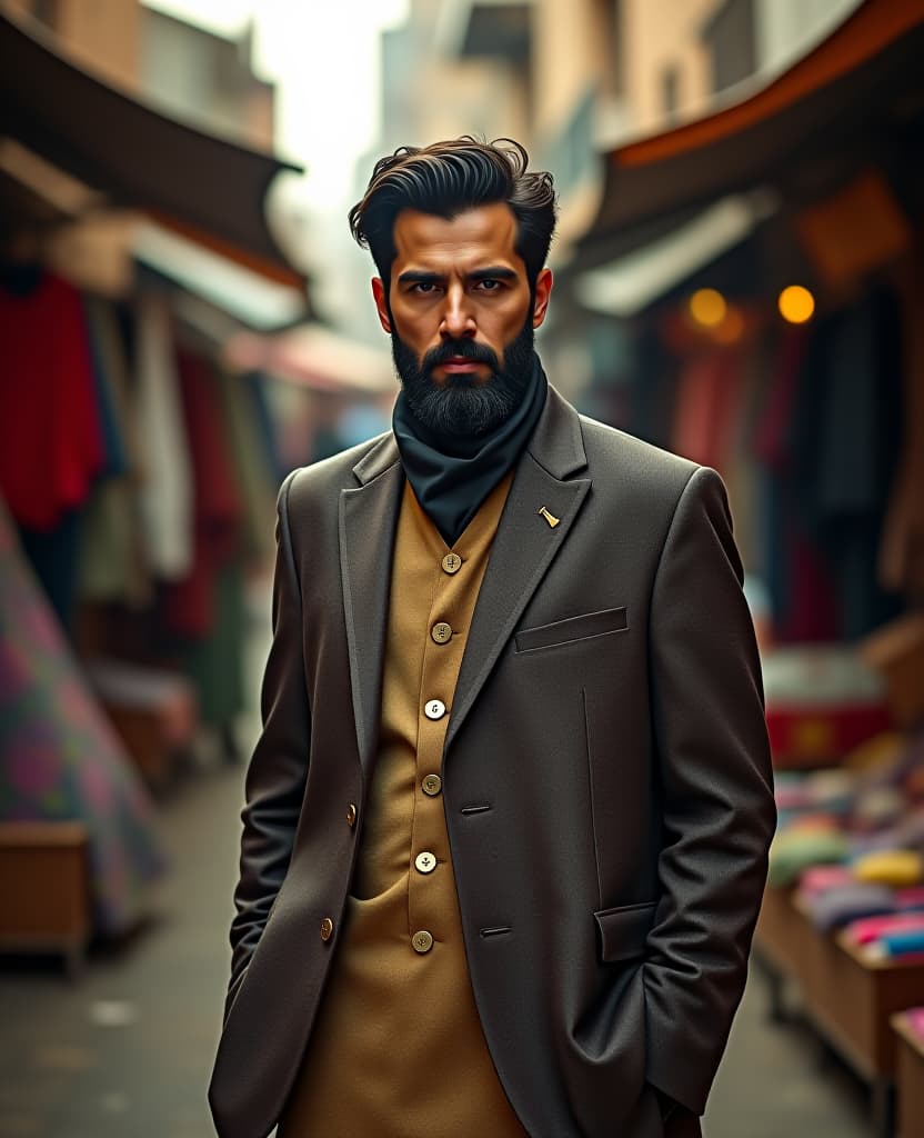  john wick in pakistani clothes standing in buzy market