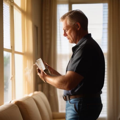 A photo of an experienced HVAC technician performing maintenance on an air conditioning unit in an elegant and modern living room during late afternoon, with soft golden sunlight streaming through the large windows, casting warm shadows across the room, highlighting the technician's focused expression and the intricate details of the equipment.