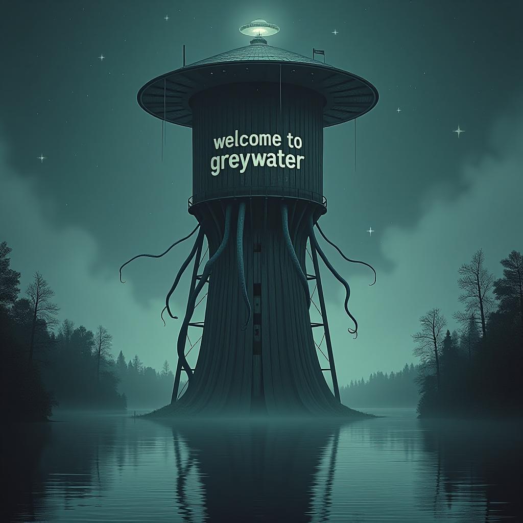  a huge, looming water tower rising out of a lake, dripping and old, wooden, the words "welcome to greywater" painted and fading on the tower face, a massive ufo hovers high above it, dark and dense woods surround the water, strange tentacles seem to be coming out of the top of the tower as if trying to escape, some stars in the sky shine brighter than the rest and spell out "epoch county"