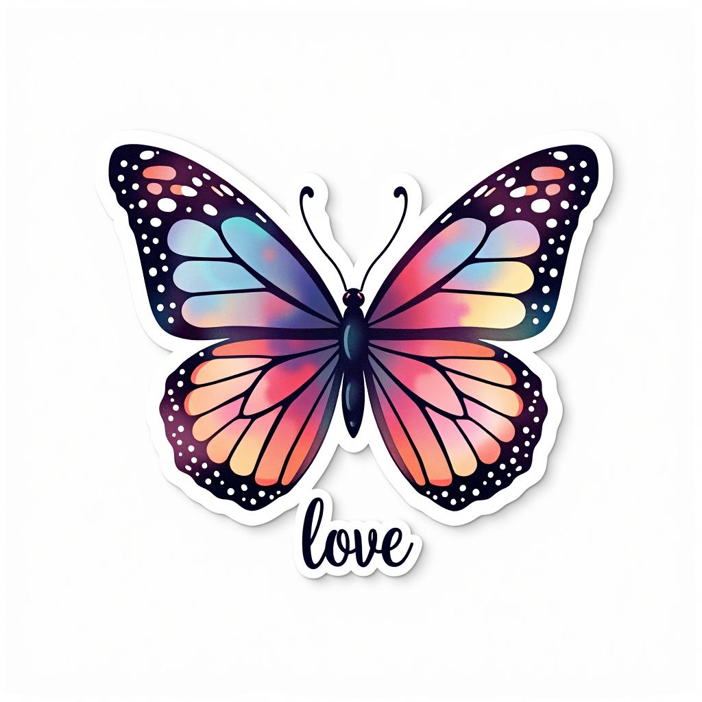  design a logo, custom sticker design on an isolated white background decorated by watercolor butterfly, with the text ‘love’