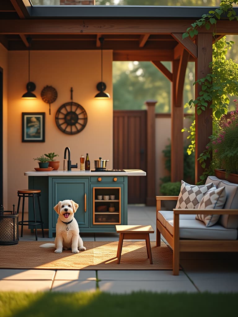  high quality portrait photo of a patio featuring a sturdy outdoor play kitchen, a pet washing station, and comfortable lounge seating with stain resistant fabrics, captured in warm evening light hyperrealistic, full body, detailed clothing, highly detailed, cinematic lighting, stunningly beautiful, intricate, sharp focus, f/1. 8, 85mm, (centered image composition), (professionally color graded), ((bright soft diffused light)), volumetric fog, trending on instagram, trending on tumblr, HDR 4K, 8K