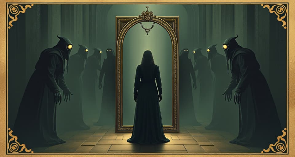  a person standing before a mirror, clear reflection, eyes of knowing, background of shadowy figures retreating, affirmation, self awareness, confidence. an illustration in the style of a worn, mystical old tarot trump card, mysterious and elements of surrealism. the colors are muted, somber and eerie, but with contrast bring out an occult and esoteric vibe.