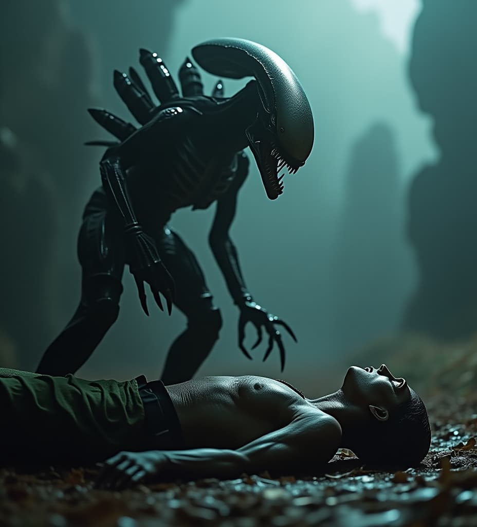  a xenomorph standing over a marine he has just cut in half with his claw. the marine is in shock taking his last breath as he looks up at the xenomorph