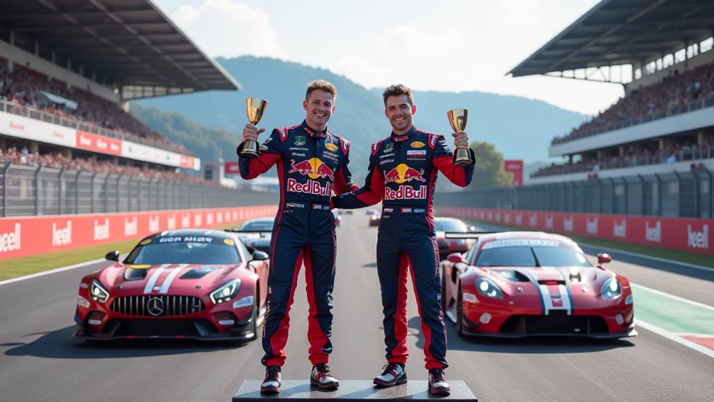  prompt: create an ultra realistic image of the adac gt masters race at the red bull ring in 2024. the scene showcases the haupt racing team's double pole position victory with max reis and finn wiebelhaus. the composition features a high octane race track filled with sleek, high performance gt cars. max reis and finn wiebelhaus, in their team's branded racing suits, are shown celebrating on the podium, holding trophies. include detailed depictions of the red bull ring's iconic layout and vibrant