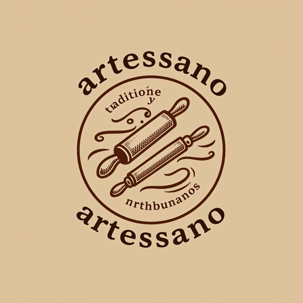  design a logo, in a pencil style. brand: “artessano” simple and elegant design circular design light and brown tones use a rolling pin image, with the text 'tradición y legado'.