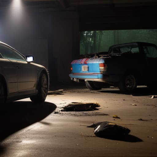 A photo of a car crash investigator meticulously examining debris in a dimly lit garage during the late evening, with a single overhead light casting moody shadows and highlighting crucial details.