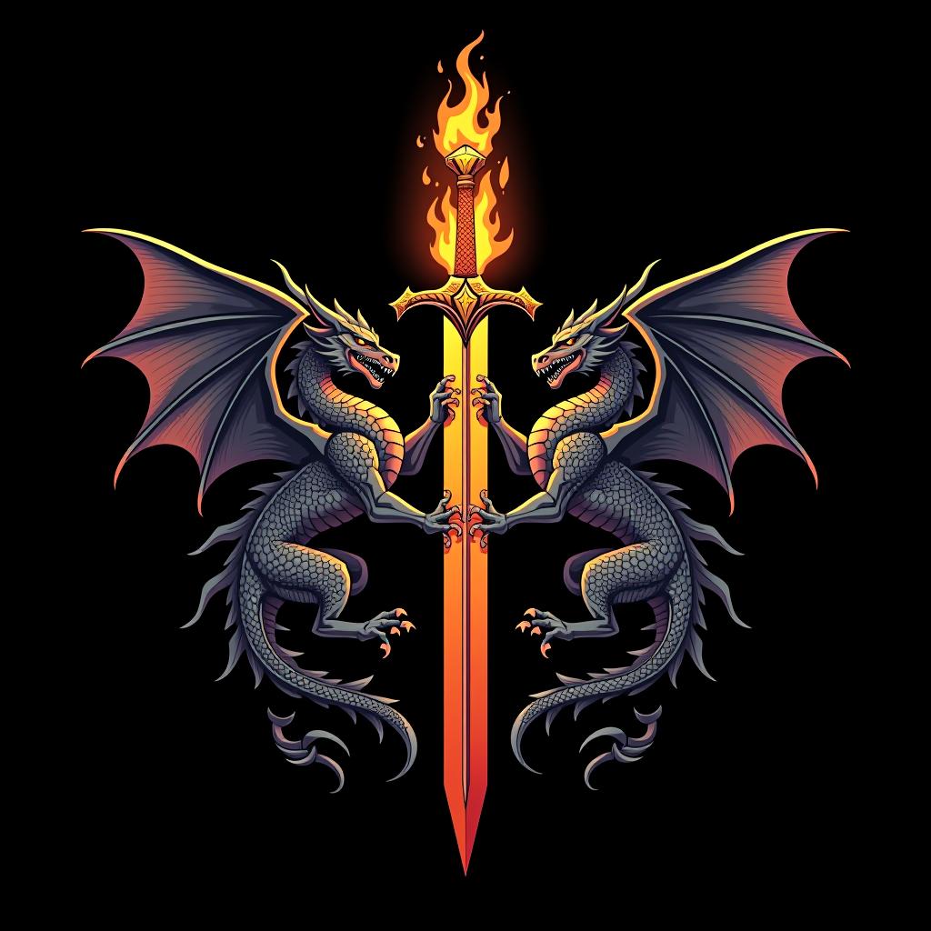  logo, custom sticker design on an isolated black background decorated by mythical dragons and a flaming sword