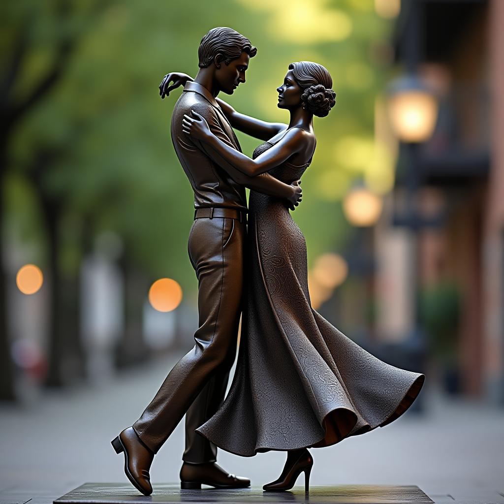  cinematic photo salsa dancers statue: the statue of a dancing couple is made of bronze covered with patina. dynamic and with the illusion of movement. the intricate modern ornament on the figures' outfits amazes with its attention to detail. influence of 1920s fashion style. high detailed, best quality. . 35mm photograph, film, bokeh, professional, 4k, highly detailed hyperrealistic, full body, detailed clothing, highly detailed, cinematic lighting, stunningly beautiful, intricate, sharp focus, f/1. 8, 85mm, (centered image composition), (professionally color graded), ((bright soft diffused light)), volumetric fog, trending on instagram, trending on tumblr, HDR 4K, 8K