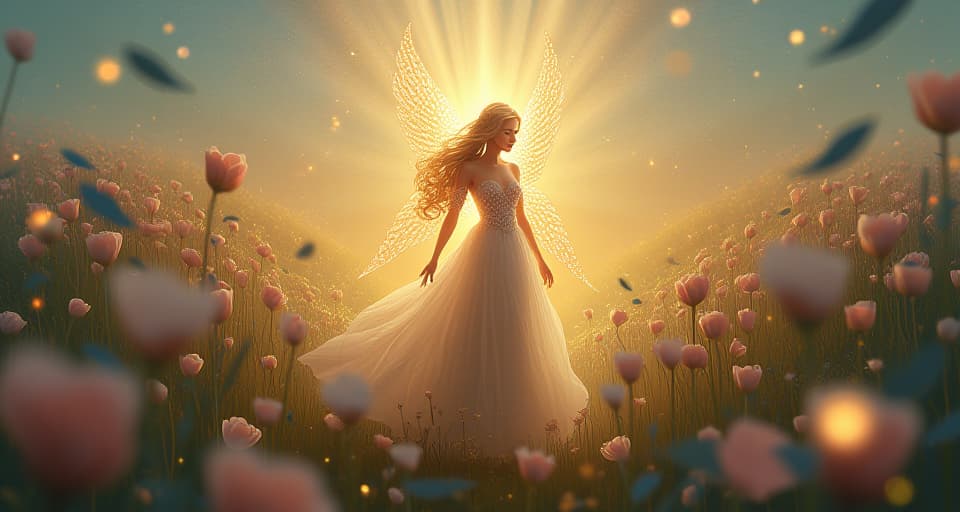  a celestial being with glowing features, standing amidst a sea of blossoming light filled flowers. the scene embodies beauty, growth, and divine transformation nurtured by ethereal guidance.. the style is digital art illustration,highly detailed, whimsical,magical, dreamlike atmosphere, realism and fantasy blend, smooth, glossy textures,luminous quality, wonder and enchantment.