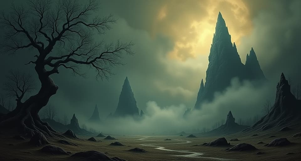  a vast, dark expanse with twisted trees, jagged rocks, and swirling fog, ominous shadows moving in the distance, unsettling, foreboding, mysterious, dark tones, shadows dominate the scene. an illustration in the style of a worn, mystical old tarot trump card, mysterious and elements of surrealism. the colors are muted, somber and eerie, but with contrast bring out an occult and esoteric vibe.