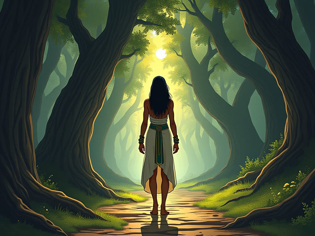  a person standing barefoot on the earth, surrounded by ancient trees, feeling grounded and connected. the style is digital art illustration / modern comic book / mysterious occult, symbolic, esoteric vibe,high detail on character design, incorporating ancient egyptian symbology and attire.